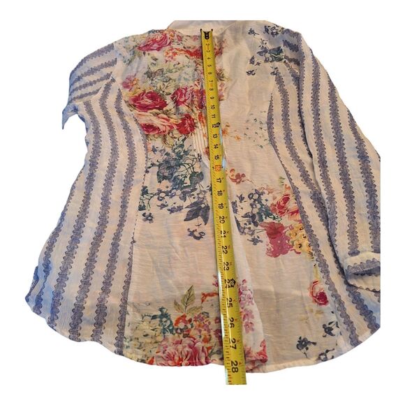 John Mark Tunic Blouse Top Mixed Print Floral Stripes Roll Tab Sleeves size M - Picture 11 of 12